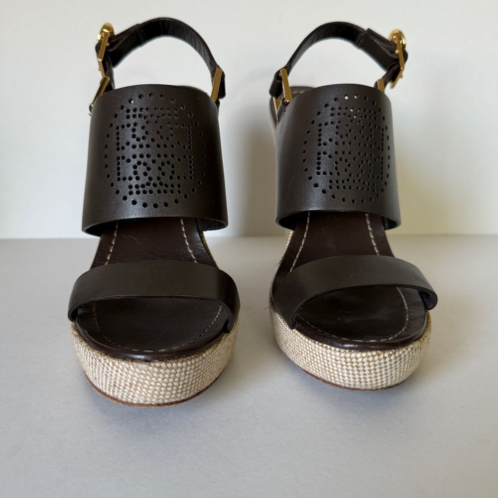 Tory Burch Kimberly Brown Leather Platform Wedge Buckle Strappy Sandals Size 7.5 - Picture 3 of 14
